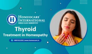 Thyroid treatment in homeopathy — promotional banner for Homeocare International, featuring a woman touching her throat in a circular frame.