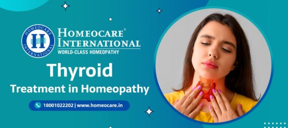 Thyroid treatment in homeopathy — promotional banner for Homeocare International, featuring a woman touching her throat in a circular frame.