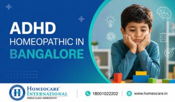 Ad banner promoting ADHD homeopathy in Bangalore; child resting his chin on his hands beside colorful building blocks.