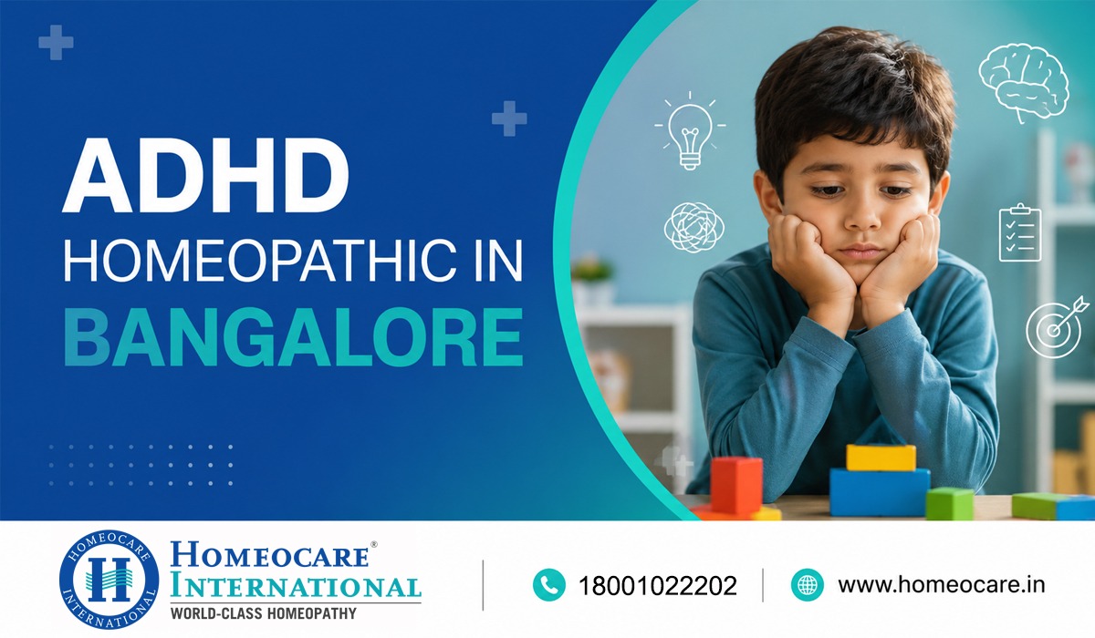 Ad banner promoting ADHD homeopathy in Bangalore; child resting his chin on his hands beside colorful building blocks.