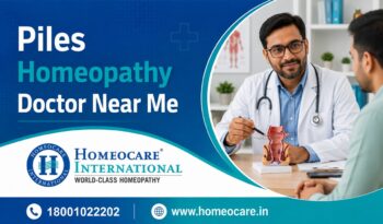 Advertising banner for Homeocare International offering piles homeopathy doctors near me; doctor shows anatomical model to patient.