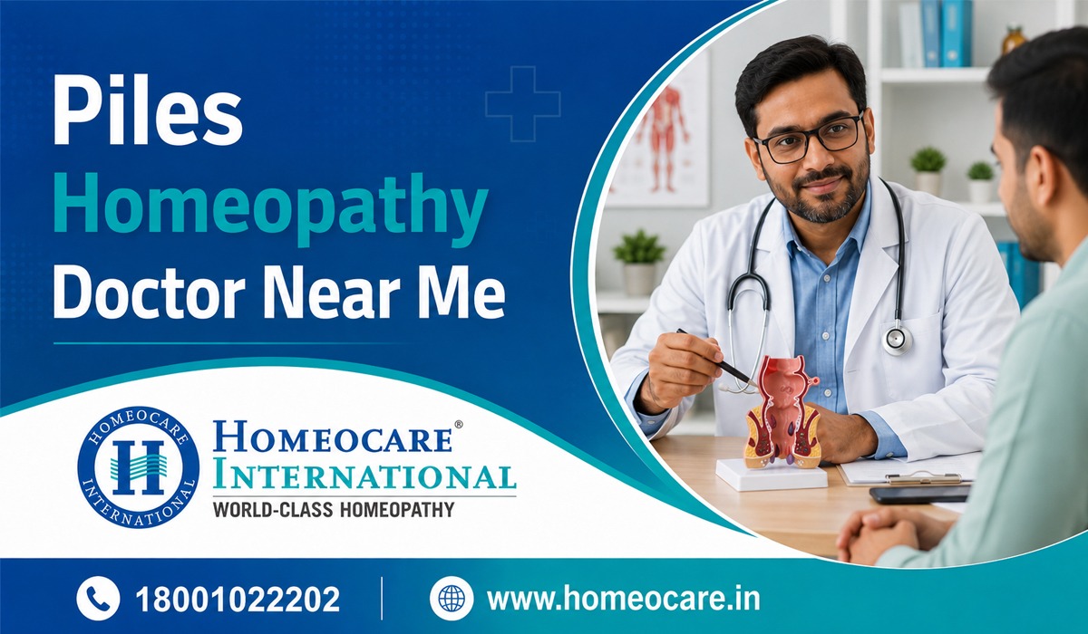 Advertising banner for Homeocare International offering piles homeopathy doctors near me; doctor shows anatomical model to patient.