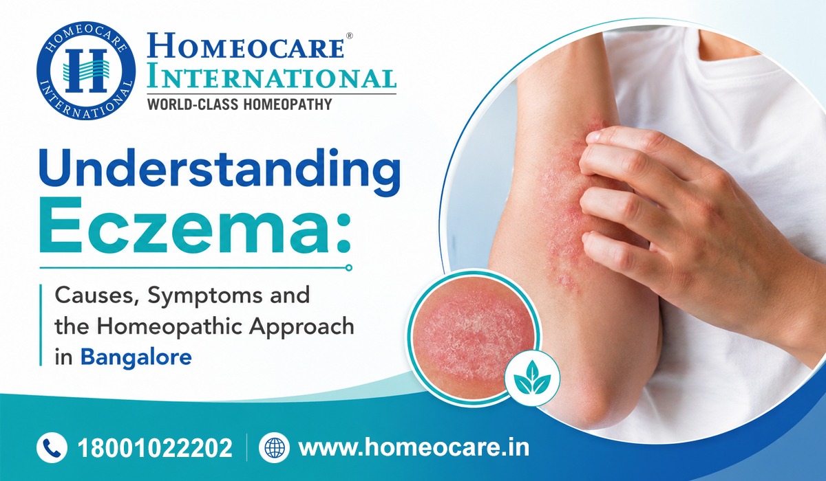 Eczema awareness banner: arm with eczema patches on the right, Homeocare International logo and contact info.